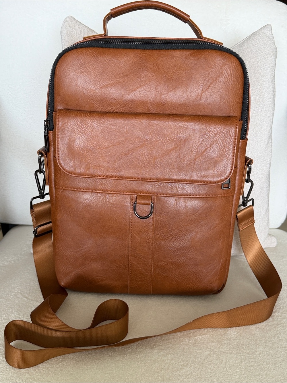 Men's Tan Faux Leather Crossbody Bag - Sleek Everyday Carry / Laptop fits well!